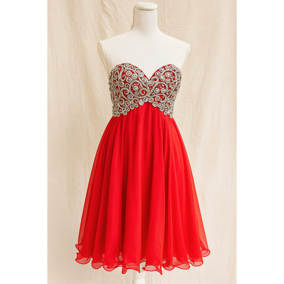 Fiesta Dresses & Skirts - Fiesta Beaded Strapless Holiday Party Dress XS Chiffon Mini Corset Back Sparkle